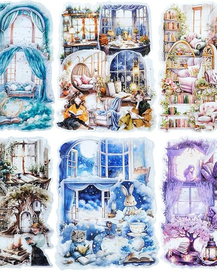 AuriicLeaf Night Reading PET Sticker Set, 90PCS Calming Scenes for Scrapbooking, Journal Supplies, and DIY Crafts