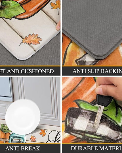 Pauwer Fall Kitchen Rugs Set of 2, Pumpkin Truck Anti Fatigue Kitchen Floor Mat, Non Slip Farmhouse Cushioned Kitchen Mats for Floor, Kitchen Runner Rug Floor Carpet Fall Harvest Thanksgiving Decor
