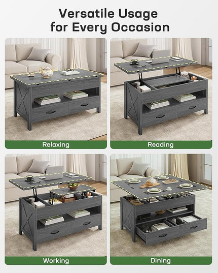 Marsail 40" Lift Top Coffee Table, 4 in 1 Coffee Table with Hidden Compartment, 1 Open Shelf and 2 Drawers, Multifunctional Farmhouse Center Table for Living Room and Home Office, Gray
