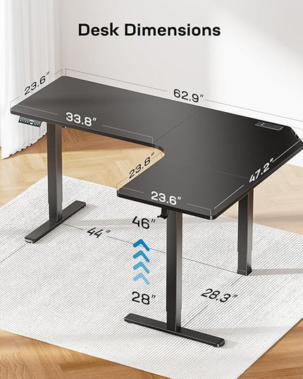 HUANUO 63″ Dual Motor L-Shaped Standing Desk, Built-in Power Outlets, Electric Height Adjustable Corner Computer Desk, Large Power Strip Holder, Sit Stand Up Desk with 3 Preset Heights, Black