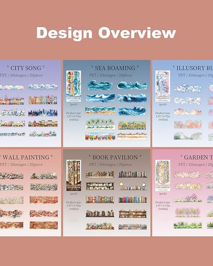 AuriicLeaf PET Scrapbook Stickers Set, 120PCS Journaling Supplies with 6 Themes Book Wall Ocean City Tree Bubble Decorative Stickers for DIY Crafts and Planners