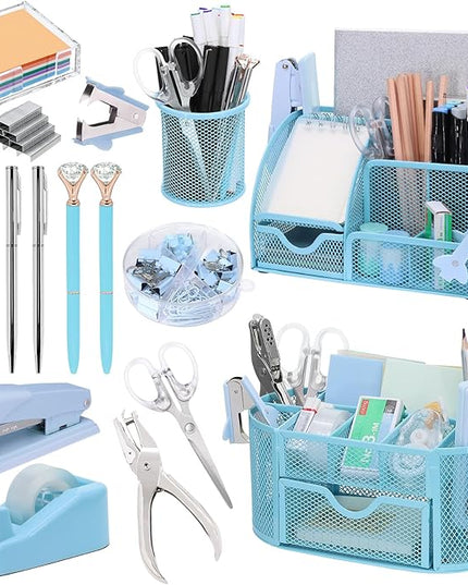 17 in 1 Blue Desk Organizers and Accessories Set, 3 Office Desk Supplies Storage Organization, 4 Pens, Stapler, Staples & Remover, Tape & Dispenser, Scissors, Ruler, Clips, Hole Punch, Back to School
