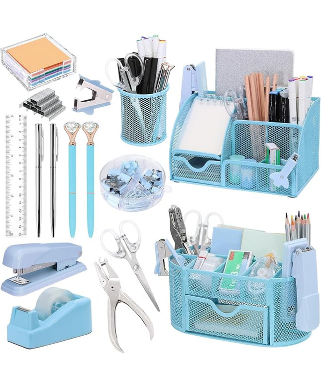 17 in 1 Blue Desk Organizers and Accessories Set, 3 Office Desk Supplies Storage Organization, 4 Pens, Stapler, Staples & Remover, Tape & Dispenser, Scissors, Ruler, Clips, Hole Punch, Back to School