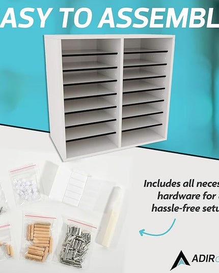 AdirOffice Wooden Adjustable organizerserature Organizer, 16 Compartment Office Mailbox, or Classroom Literature Organizer, White