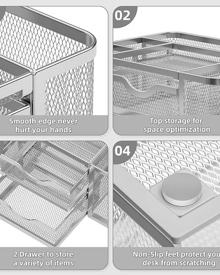 Marbrasse Mesh Desk Organizer, Pen Organizer with 2 Drawer, Multi-Functional Pencil Holder, Desk Organizers and Accessories with 5 Compartments + Drawer for Office Art Supplies (Silver)