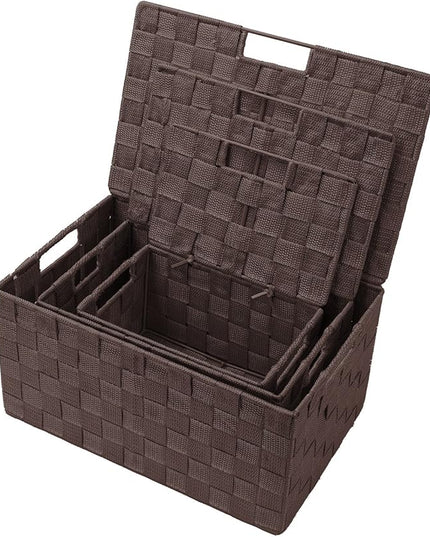Sorbus Set of 3 Hand-Woven Storage Baskets with Lids – Decorative Wicker Organizers for Home, Closet, or Shelves (Choclate)