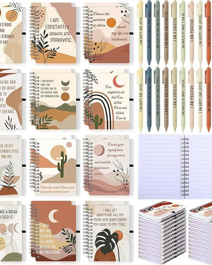 Kosiz 48 Pcs/24 Set Positive Affirmation Gifts Gratitude Spiral Notebooks with Pens Motivational Encouragement Notepads Daily Affirmations Journal for Women Valentine Galentine Gifts (Boho)