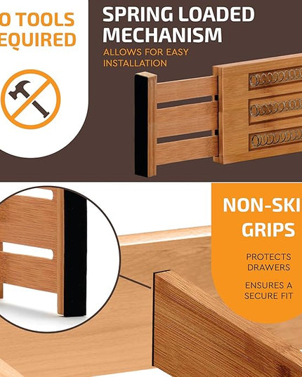 6 Pack Drawer Dividers 4 Inch High, 11”-17" Adjustable Bamboo Organizers Large Expandable Drawer Separators for Cloths, Dresser, Bedroom, Bathroom, Baby Drawer, Office & Kitchen Utensils (Natural)