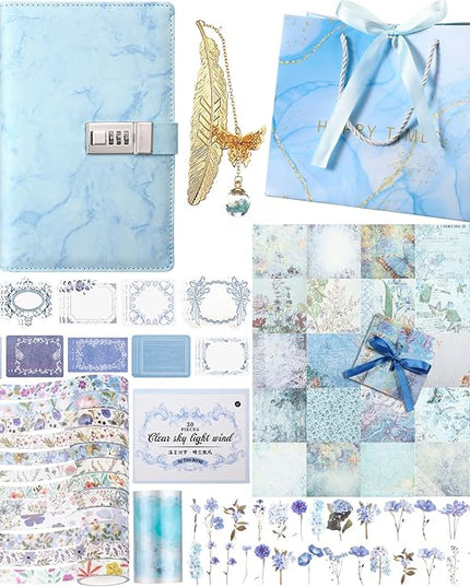 Janlaugh DIY Journal Diary with Lock Set Scrapbook Kit Stationary Diary Supplies Art Crafts Kit for Birthday Holidays Ideal Gifts for Women Teen Girls (Blue,Cute)