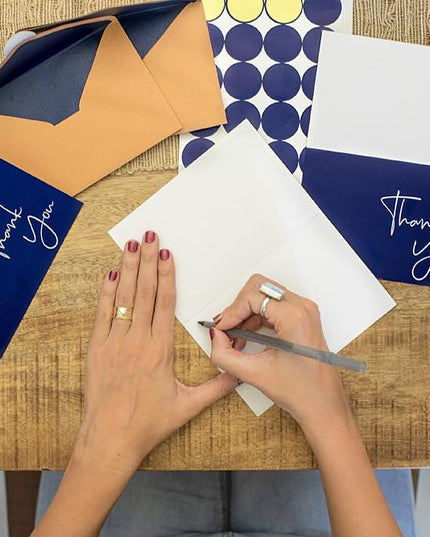 VNS Creations Thank You Cards With Envelopes Bulk Set & Stickers - 100 Pack 4x6 Blank Thank You Notes Bulk Box Set - Large Note Card Small Business, Wedding, Baby Shower & Bridal Shower - Navy Blue