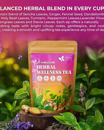 FreshDrinkUS, Premium Herbal Wellness Tea Bags | 75 Count | Blend of Sencha, Ginger, Fennel, Dandelion, Tulsi, Turmeric, Peppermint, Lavender, Lemongrass & Stevia – Herbal Tea. Vegan