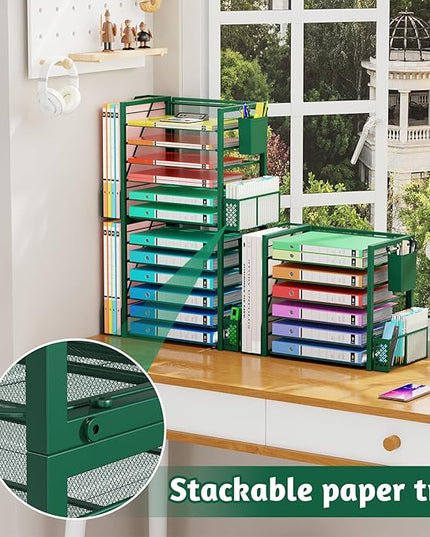 Simple Trending 6 Tier Desk File Organizer, Paper Letter Tray Organizer with File Holder and Pen Container, Green