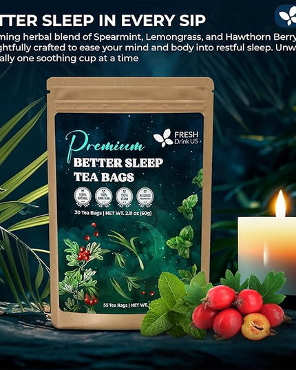 FreshDrinkUS, Premium 135 Tea Bags Better Sleep Herbal Tea | Caffeine-Free Loose Leaf Blend with Spearmint Leaves, Lemongrass Leaves, and Hawthorn Berry – Naturally Refreshing and Aromatic.