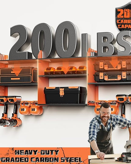 Power Tool Organizer with Charging Station Wall Mount, 3 Layer Expanded Heavy Duty Garage Organization, 45.5 Inch Length Garage Tool Storage, 8 Drills, 2 Assemble Method, Orange