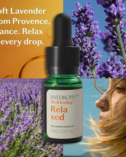 LIVEDROPS 24/7 Relaxed Lavender Essential Oil, Natural Vegan Aromatherapy for Diffuser or Diluted Skin Use, Calming Floral Herb Scent, Made in France, Bottled in USA, Clinically Tested, 10ml