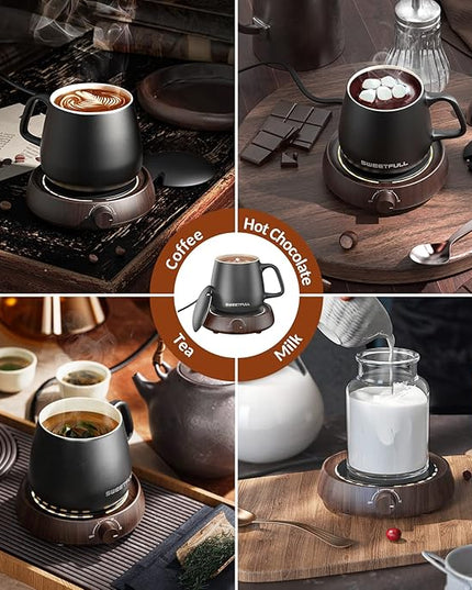 SWEETFULL Mug Warmer for Coffee and Tea Coffee Mug Warmer Set W/Mug and Lid Coffee Warmer As Coffee Gifts for Desk Office Coffee Lovers. （20W Cup Warmer Candle Warmer Auto Shut Off） (Wood Grain)