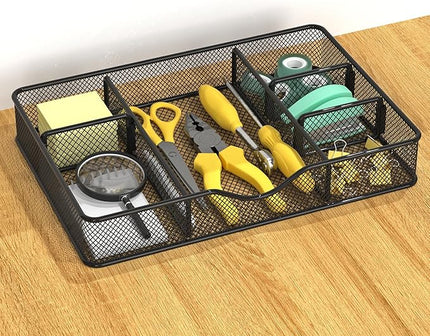 Desk Drawer Organizer Tray, Metal Mesh Drawer Organizers Office, 6 Adjustable Compartment, Desk Organizer Tray for Home Office 12.87L x 8.73D x 1.96H inch, Black, 1PC Medium
