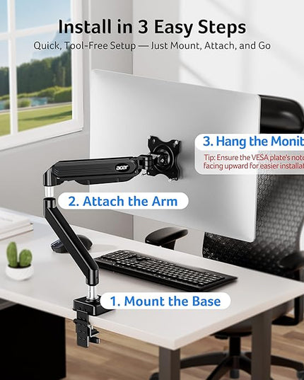 Acer Single Monitor Mount, Fully Adjustable Monitor Arm Fits 17 to 34 Inch Screens, Gas Spring VESA Mount with C-Clamp & Grommet Base, Computer Desk Arm with Tilt Swivel Rotate Supports 4.4-19.8 lbs