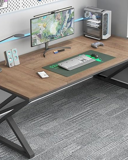 HSH Rustic Long Computer Desk, Industrial Large Wood Metal Office Table, Writing Work Study Station, Farmhouse Workstation Gaming Executive for 2 Person, Rustic Oak, 70 Inch