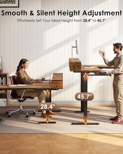 OffiGo 59 Inch L Shaped Electric Standing Desk with Drawers, Height Adjustable Corner Computer Desk with Keyboard Tray & Monitor Stand, Stand Up Table for Home Office Workstation, Rustic Brown