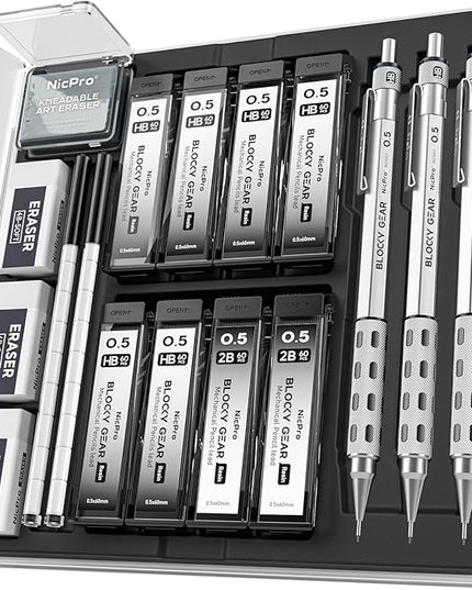 Nicpro 3 Pack Blocky Gear 0.5 mm Metal Mechanical Pencils Set with Case, Lead Drafting Pencil with 8 Tube (480PCS) Lead Refills(HB 2B), 4 Erasers, 18 Eraser Refills for Art Writing, Sketching Drawing