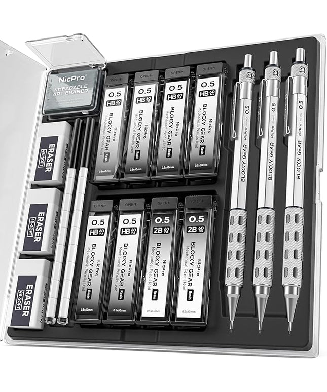 Nicpro 3 Pack Blocky Gear 0.5 mm Metal Mechanical Pencils Set with Case, Lead Drafting Pencil with 8 Tube (480PCS) Lead Refills(HB 2B), 4 Erasers, 18 Eraser Refills for Art Writing, Sketching Drawing