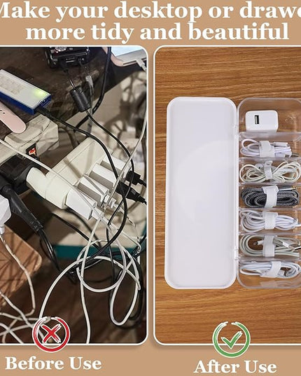 Cable Organizer Box with Lid, 3 Pcs Cable Cord Storage Organizer Box with 21 Wire Ties 54 Cable Labels, 7 Compartments Charger Organizer for Office Drawer Desk Accessories Case
