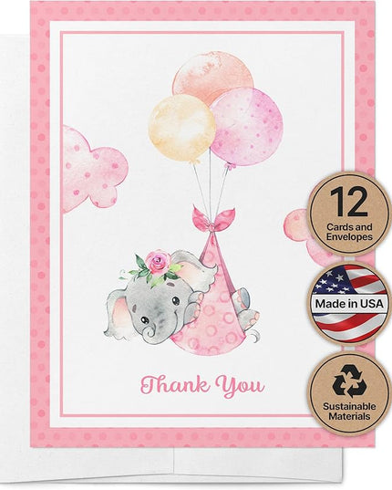 Twigs Baby Shower Thank You Cards with Envelopes - 12 Set Baby Shower Cards for Girl, New Baby Congratulations Cards, Welcome Baby Card, Made in the USA - Pink Elephant Designs, 5.5 x 4.25 Inch Size