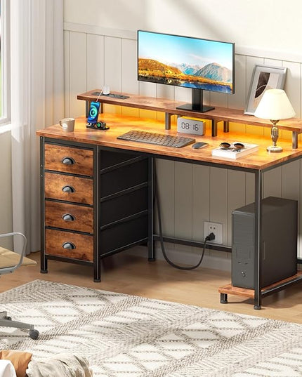 Furologee 47" Computer Desk with 4 Fabric Drawers & Monitor Stand, Gaming Desk with Power Outlets - LED Lights, Home Office Space-Saving Study Table for Bedroom Small Spaces (Rustic Brown)