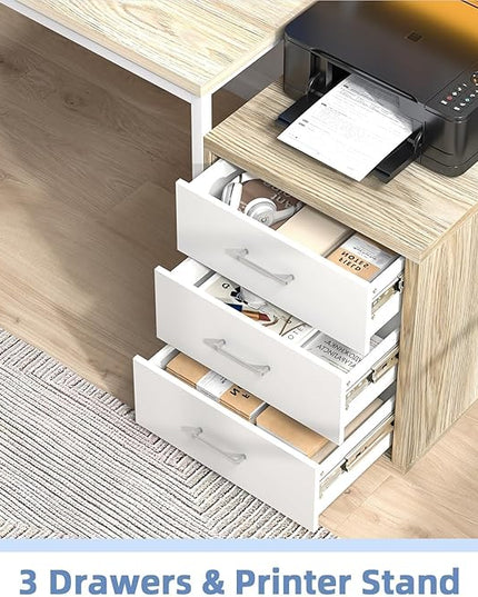 Office Desk with 3 Drawers, 67 Inch Computer Desk with Long Monitor Stand & Printer Shelf, Reversible Long Desk with Storage Shelves & LED Light, White and Walnut