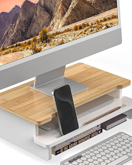 Monitor Stand Monitor Stand Riser for Desk,Wood Desk Shelf Storage Organizer with Phone Tablet Holder (16.5 Inch, White & Natural Bamboo)