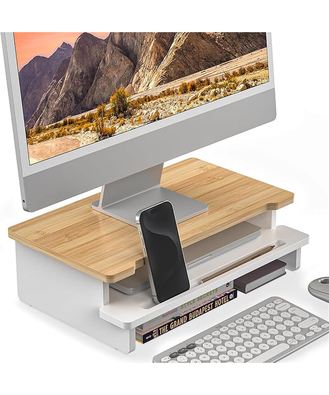 Monitor Stand Monitor Stand Riser for Desk,Wood Desk Shelf Storage Organizer with Phone Tablet Holder (16.5 Inch, White & Natural Bamboo)