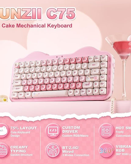 YUNZII C75 Wireless Mechanical Keyboard,75% Layout, Hot-Swappable NKRO,BT5.0/2.4G/USB-C Mode,Dye-Sub PBT MOA Keycaps,RGB Gasket Mount,Cute Cake Design for Mac/Win/Gaming (Pink, Candy Switch)