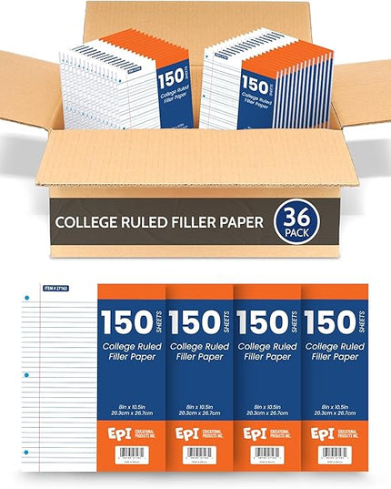 EPI Filler Paper | College Ruled | Loose Leaf, 3-Hole Punched, 10.5 x 8 in, 150 Sheets | School, Office, Notes, Binder Refill - 36 Pack