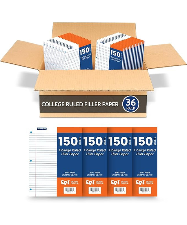 EPI Filler Paper | College Ruled | Loose Leaf, 3-Hole Punched, 10.5 x 8 in, 150 Sheets | School, Office, Notes, Binder Refill - 36 Pack