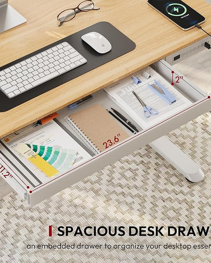 Standing Desk with Drawer, Electric Height Adjustable Home Office Desk with Storage & USB Ports, 55 inch Maple Wood Tabletop/White Frame