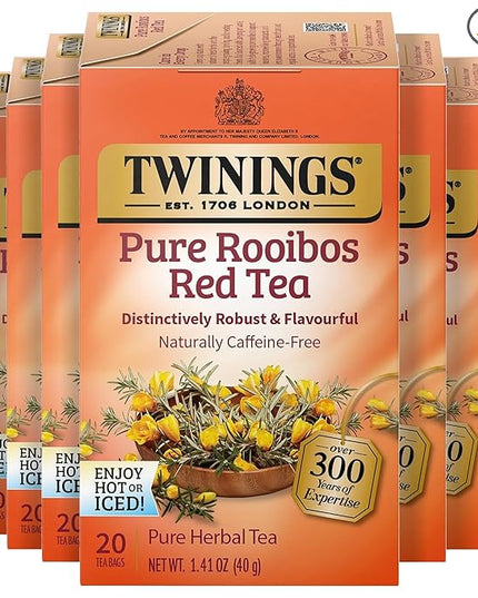Twinings Pure Rooibos Red Herbal Tea Individually Wrapped Bags, 20 Count (Pack of 6), Sweet with Uplifting Aroma, Naturally Caffeine-Free, Enjoy Hot or Iced, 120 Teabags