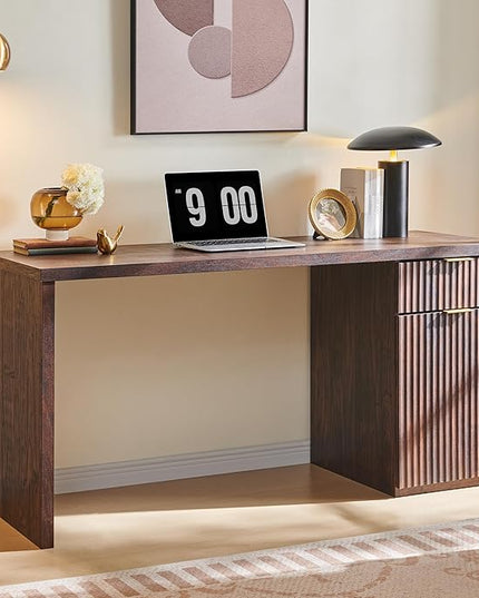 JXQTLINGMU 60" Modern Executive Desk with Storage, Wood Home Office Desk with Drawer & Cabinet, Fluted Computer Writing Desk for Study, Living Room, Bedroom, Dark Walnut