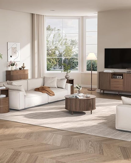JOINICE,Round Coffee Table with Storage, 31.5" Fluted Center Table for Living Room, Modern Walnut Wood Circle Drum Table with Sliding Cabinet Door, Mid Century Furniture for Small Space