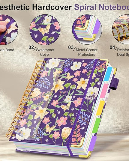 Spiral Journal Notebooks for Work, 300 Pages 5 Subject Notebook College Ruled with Dividers & Tabs, 8''x 10'' Large Notebook Journal for Women Students Note-Taking and Organizer (Purple Floral)