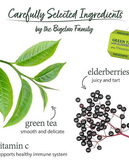 Bigelow Tea Green Tea with Elderberry Plus Vitamin C, Caffeinated Tea with Elderberry, 18 Count Box (Pack of 6), 108 Total Tea Bags