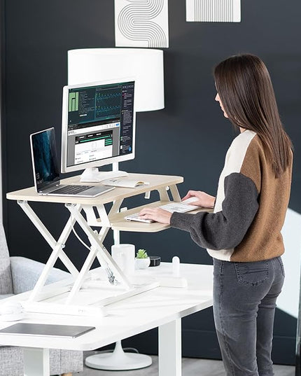 VIVO 32 inch Desk Converter, K Series, Height Adjustable Sit to Stand Riser, Dual Monitor and Laptop Workstation with Wide Keyboard Tray, Light Wood Top, White Frame, DESK-V000KF