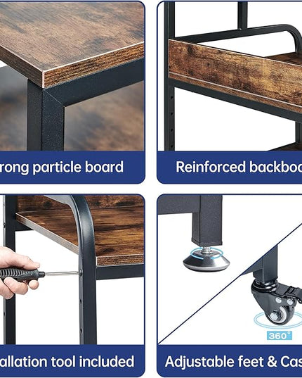 23.6" Deep Extra Large Printer Stand, 3 Tier Printer Table with Adjustable Storage Shelf, Rolling Printer Cart with Industrial Wheels for Home Office, Rustic Brown