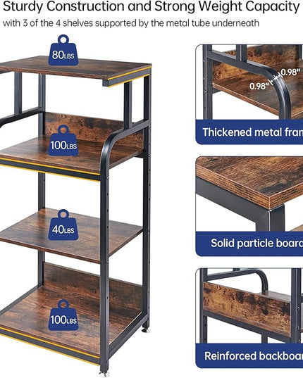 4-Tier Printer Stand with Adjustable Storage Shelf, Large Tall Printer Table with Wheels for Home Office Small Spaces Organization, Rustic Brown