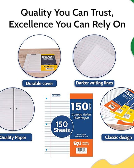 EPI Filler Paper | Wide Ruled | Loose Leaf, 3-Hole Punched, 10.5 x 8 in, 150 Sheets | School, Office, Notes, Binder Refill - 3 Pack