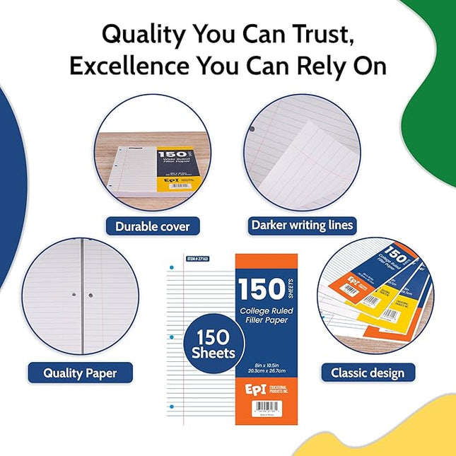 EPI Filler Paper | Wide Ruled | Loose Leaf, 3-Hole Punched, 10.5 x 8 in, 150 Sheets | School, Office, Notes, Binder Refill - 6 Pack