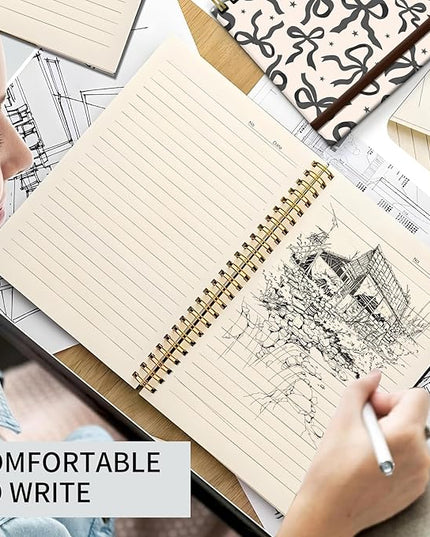 Spiral Journal Notebook, A5 Cute Notebooks for Women Men, College Ruled Hardcover Notebook for Work & Note Taking, 60 Pages Double-Wire Journals for Writing (Beige Grey Bow)