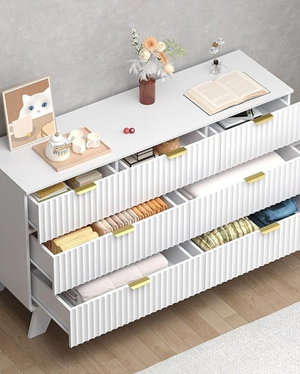 BORNOON Fluted 7 Drawer Dresser, 47.2" Wide Modern Boho Chest of Drawers, Wooden Storage Dresser TV Stand for Bedroom, Living Room, Closet, Hallway, Curved Profile Design