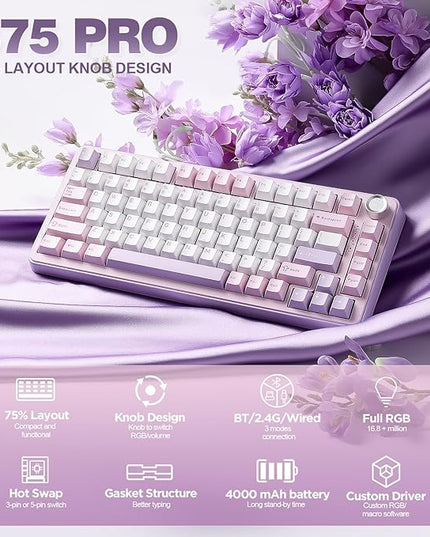 YUNZII B75 PRO Wireless Mechanical Keyboard,75% Layout with Knob,Hot Swap Gasket Custom Structure,Creamy Pre-lubed Switches,RGB Backlit,Bluetooth/Type-C/2.4G for Win/Mac(Cocoa Cream V2 Switch,Purple)