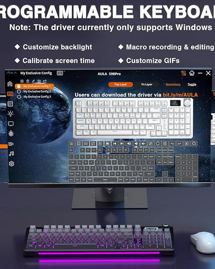 AULA S98 Pro Wireless Mechanical Keyboard with Screen & Knob,2.4GHz/USB-C/BT5.0 Hot Swappable Creamy Keyboard,Pre-lubed Linear Switches,Side Printed PBT Keycaps,RGB Backlit Gaming Keyboards